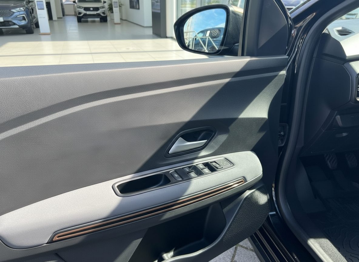 Fahrzeuginnenraum Fahrertür mit elektrischen Fensterhebern und Seitenspiegel im Autohaus