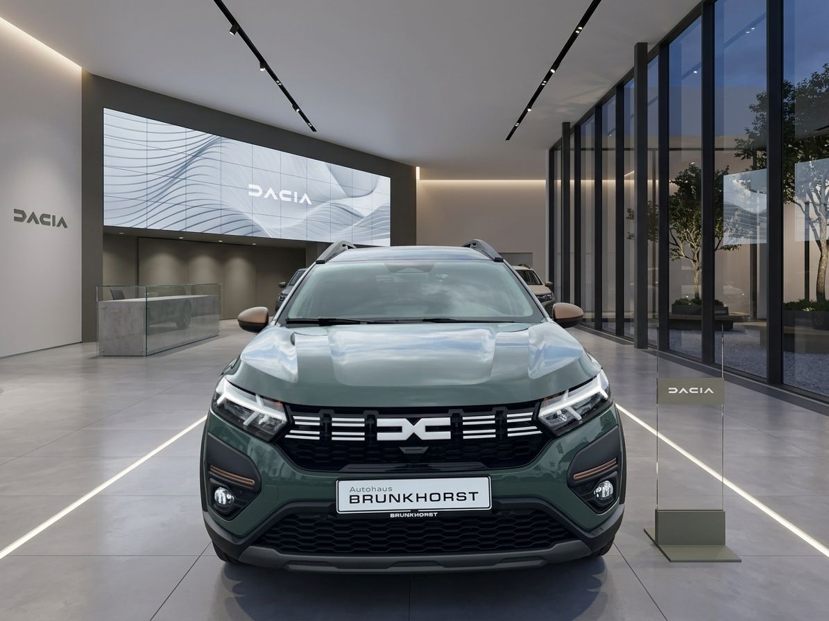 Dacia Jogger Frontansicht grün metallic im modernen Autohaus Showroom