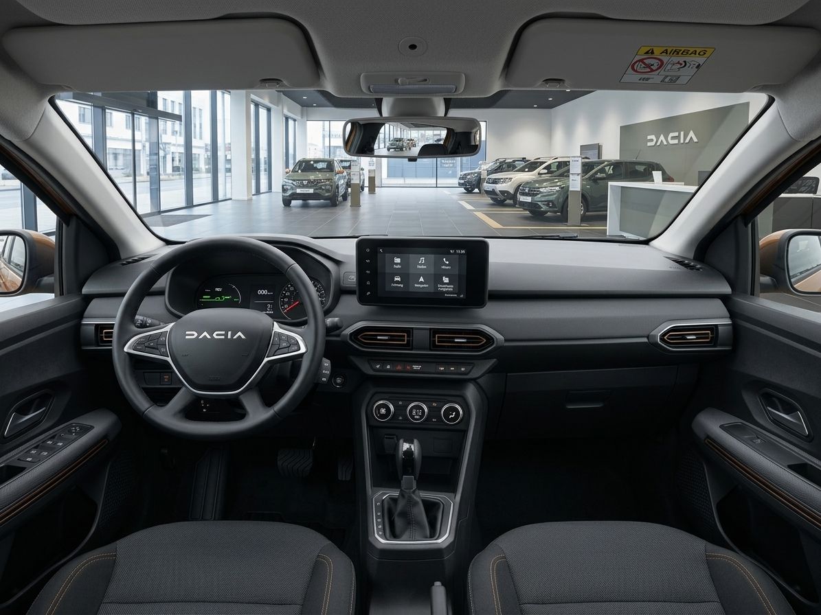 Dacia Fahrzeug Innenraum mit Lenkrad, Touchscreen Display und modernem Cockpit Design