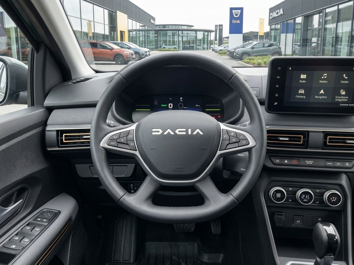 Dacia Innenansicht Fahrersitz mit Lenkrad, Armaturenbrett und Touchscreen Navigation