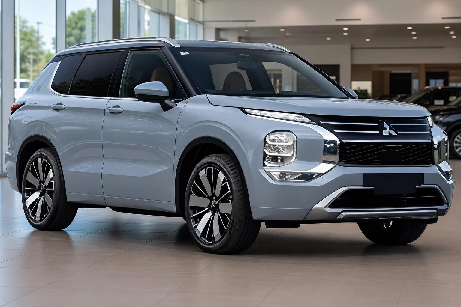 Mitsubishi SUV in Silber, Seitenansicht im Showroom