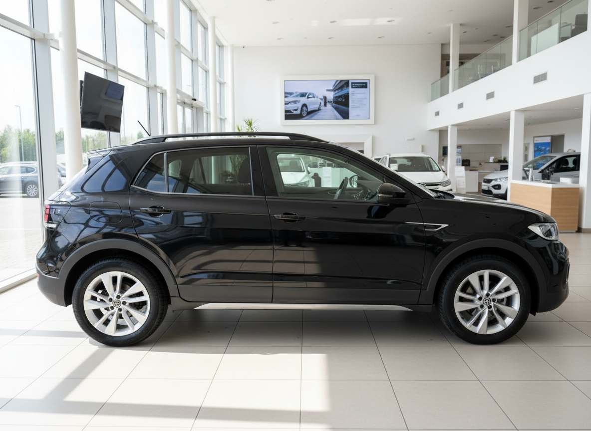 Schwarzer Volkswagen T-Cross SUV seitliche Ansicht im Autohaus Showroom