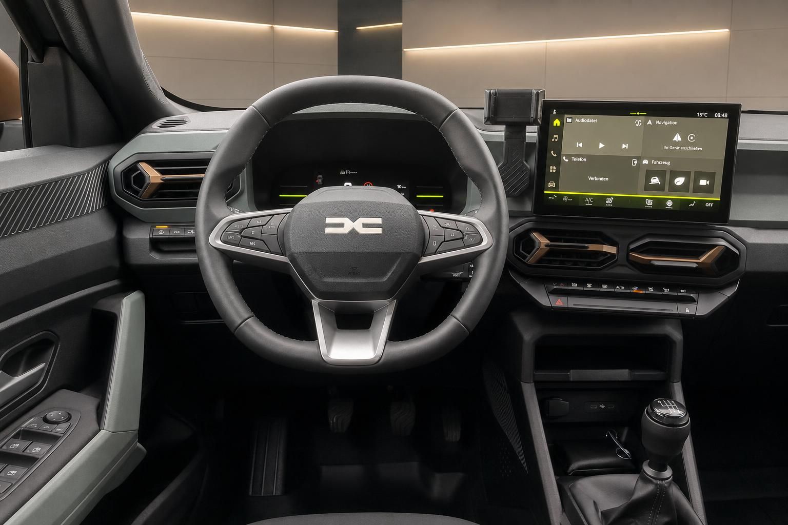 Cockpit mit Lenkrad und Touchscreen Infotainment im Fahrzeug