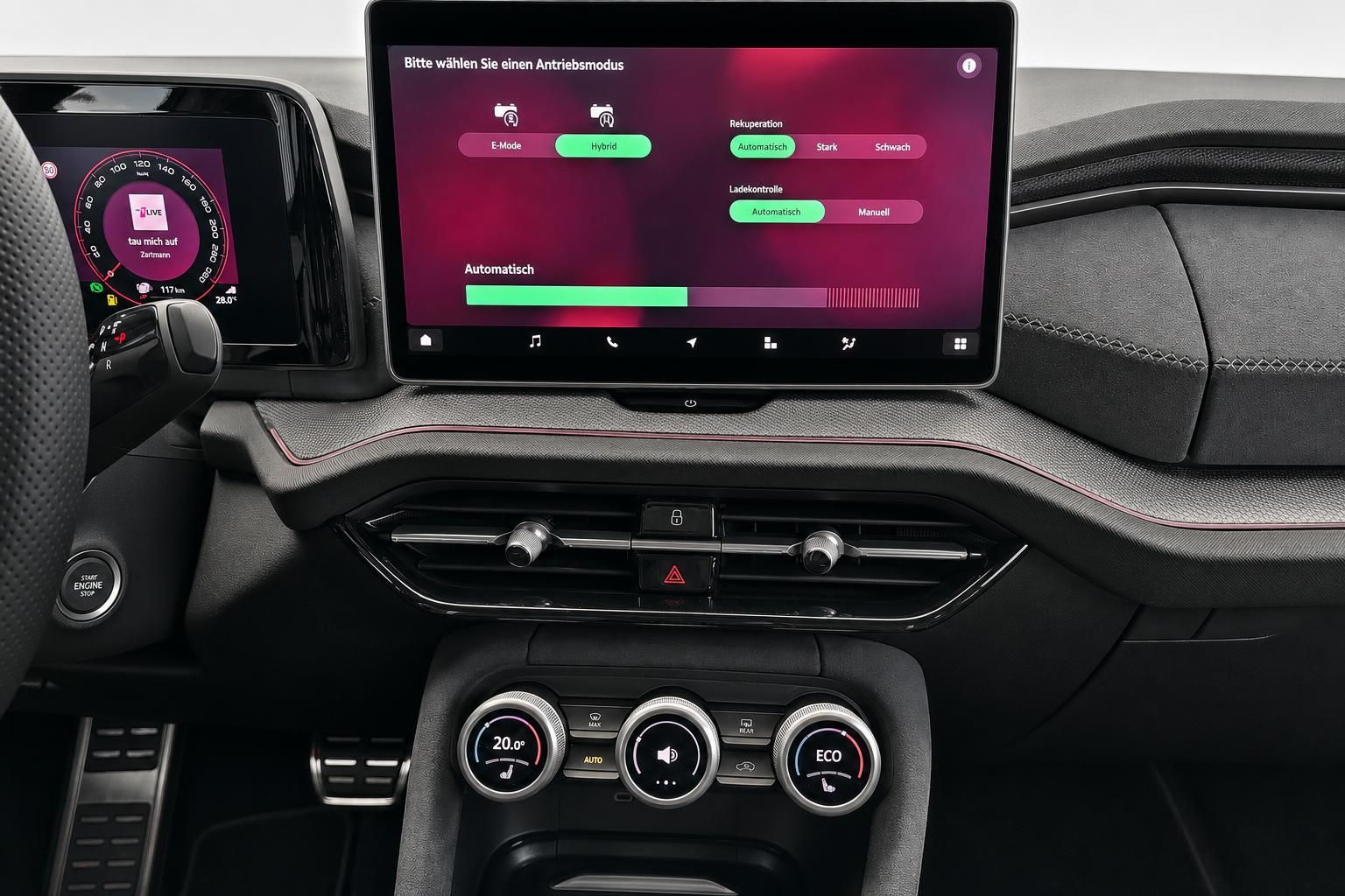 Skoda Infotainment Display mit Antriebsmodus Auswahl und Klimabedienung