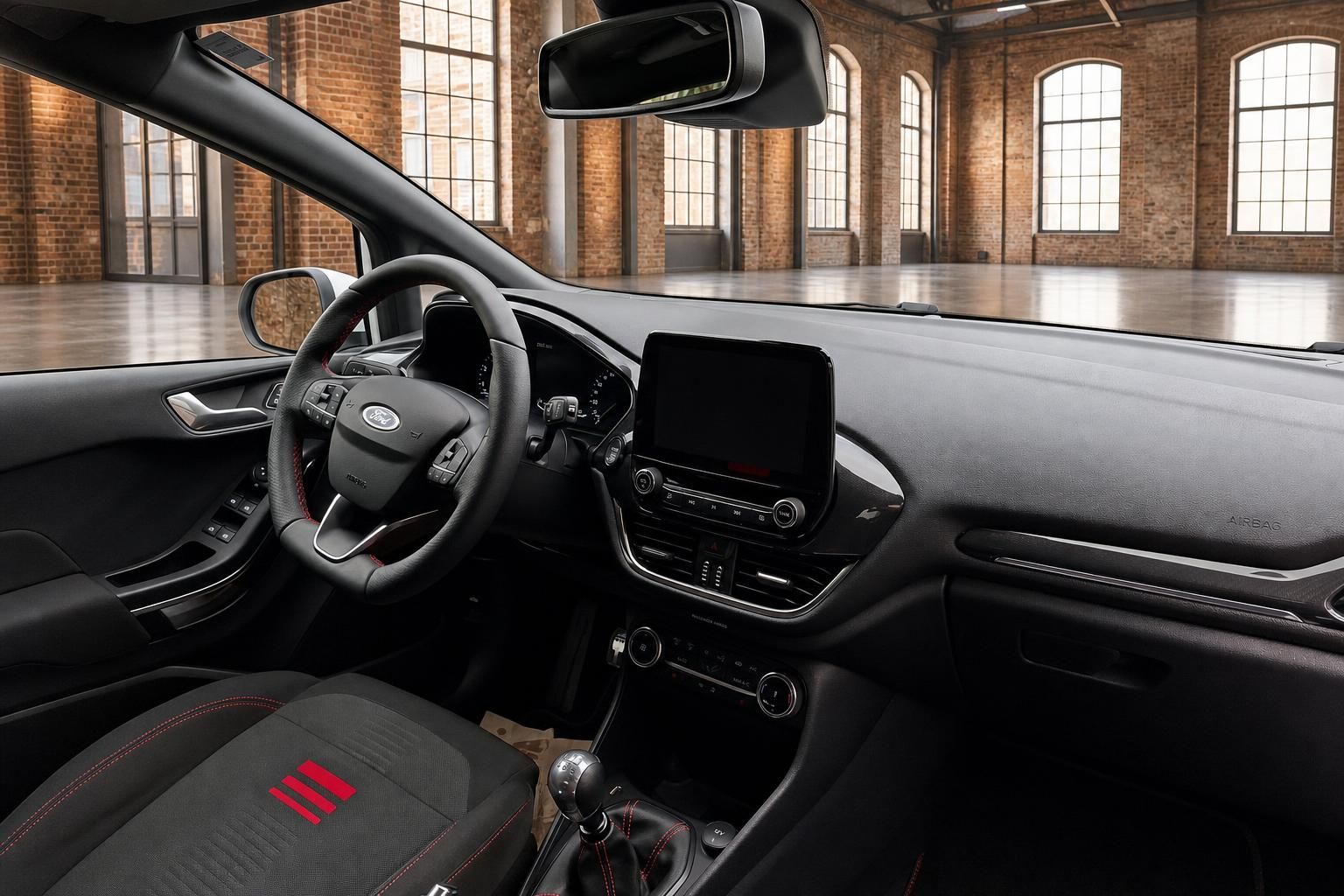 Ford Fiesta Cockpit mit Lenkrad, Touchscreen und Armaturenbrett von innen