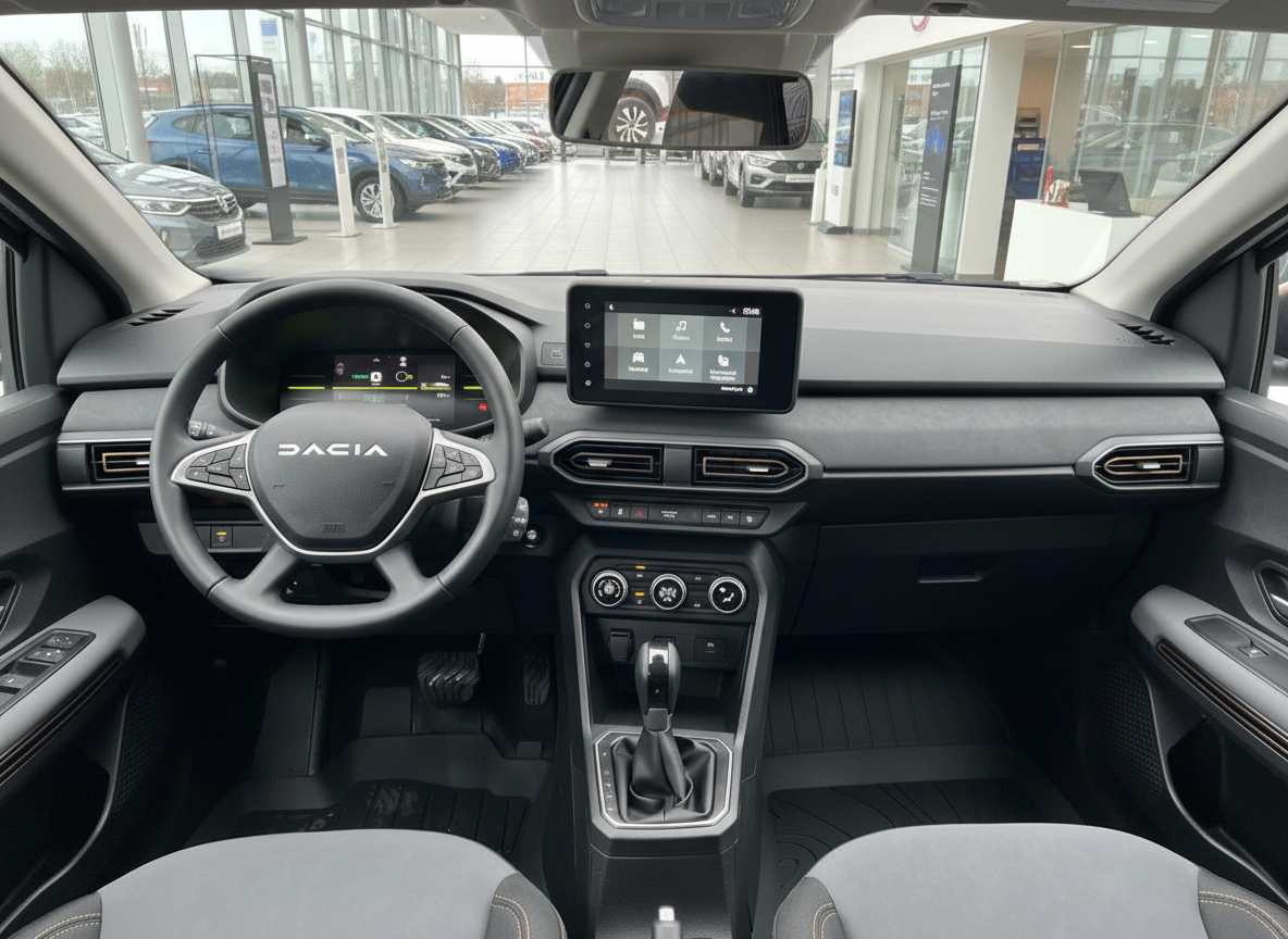 Dacia Innenraum Cockpit mit Lenkrad, Touchscreen und Automatikgetriebe im Autohaus