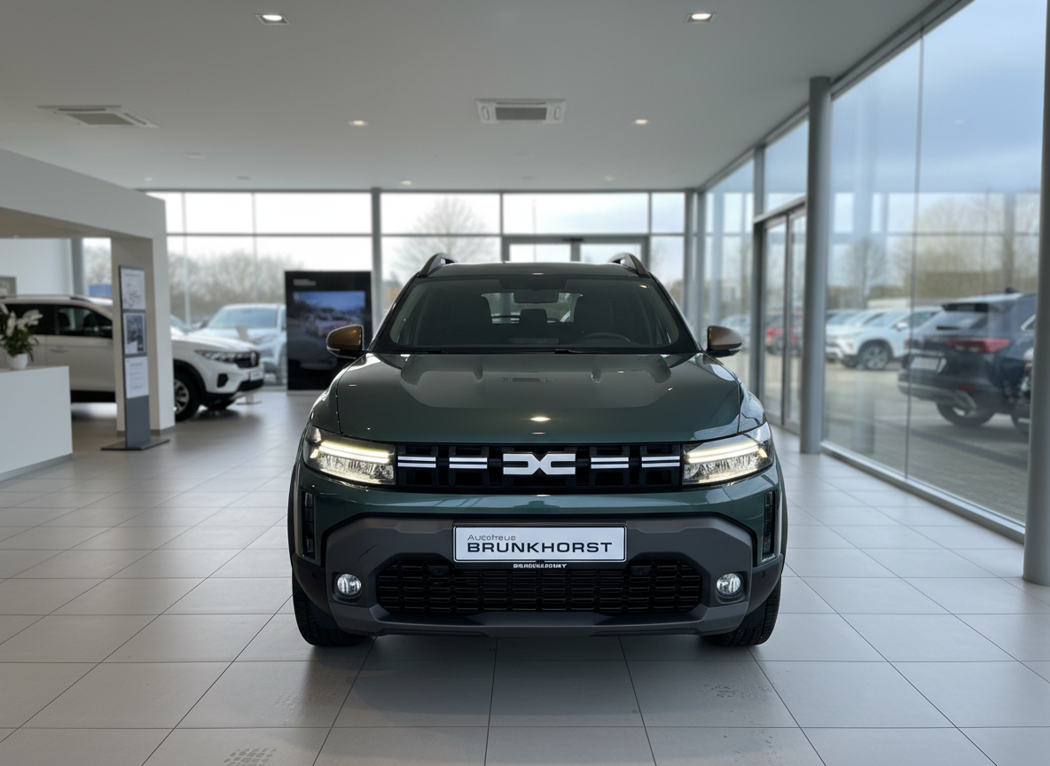 Dacia Duster SUV in Dunkelgrün Frontansicht im Autohaus Brunkhorst Showroom
