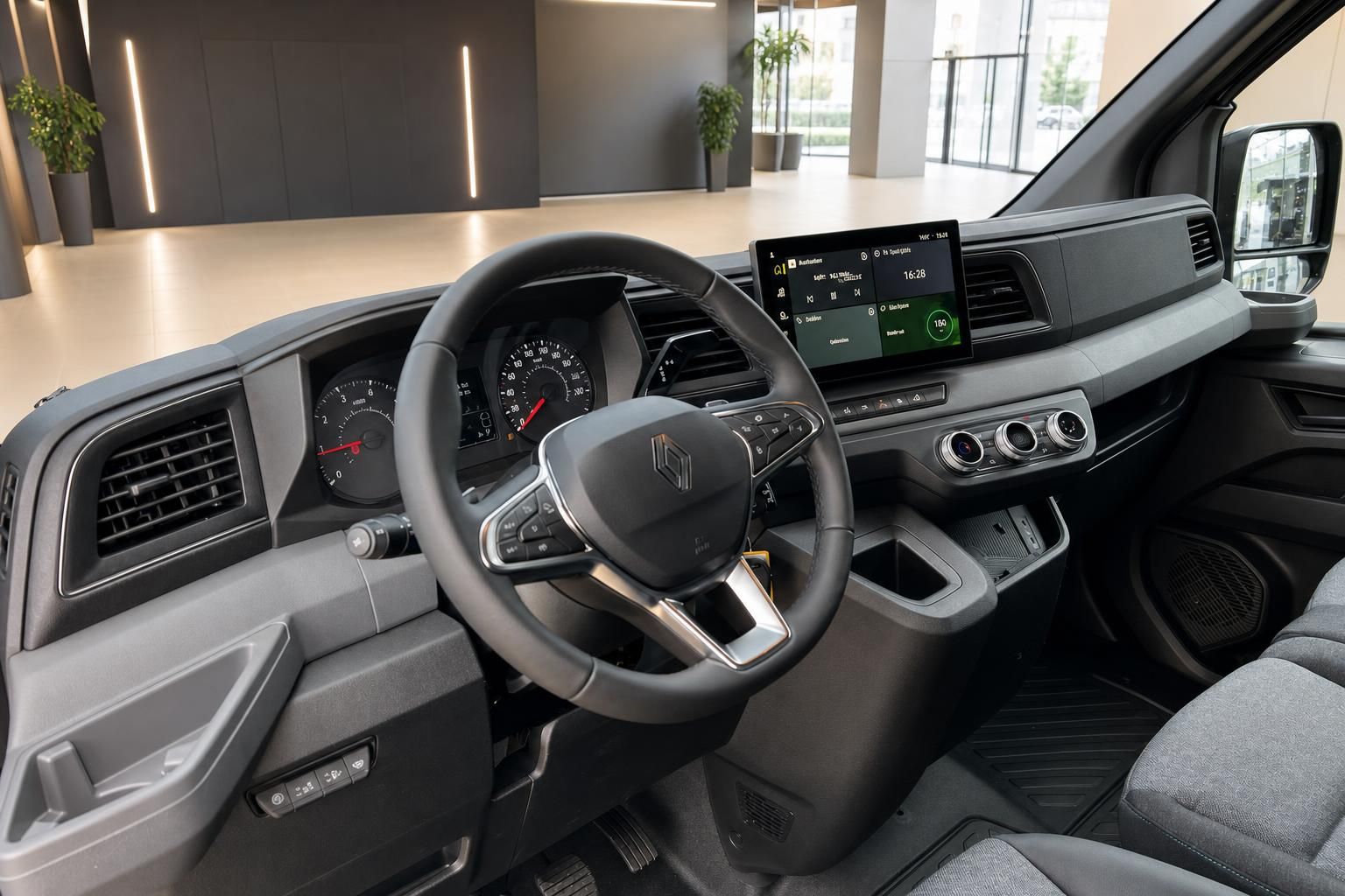 Modernes Fahrzeug-Cockpit mit Lenkrad, digitalen Anzeigen und Infotainment-System