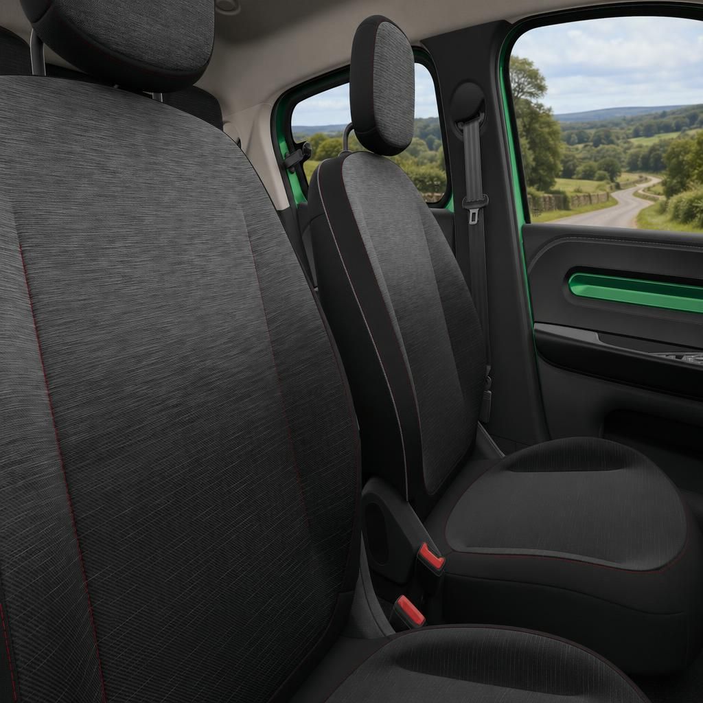 Fahrzeuginnenraum mit grauen Stoffsitzen und grünen Designelementen, Blick auf Landschaft