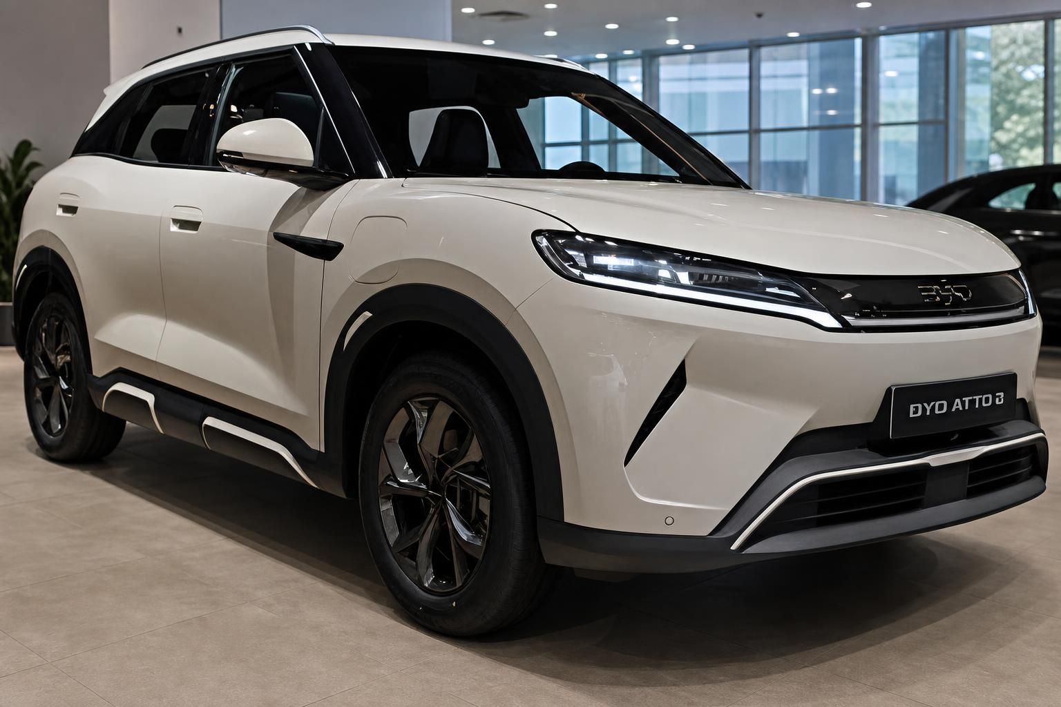 BYD Atto 2 SUV in Weiß, Front- und Seitenansicht im Showroom