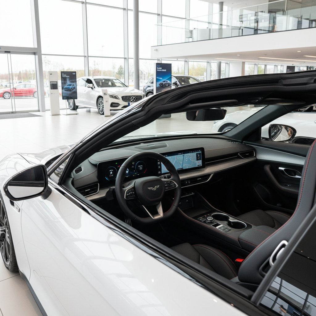 Genesis Cabriolet Innenraum mit digitalem Cockpit und Infotainment-Display im Autohaus
