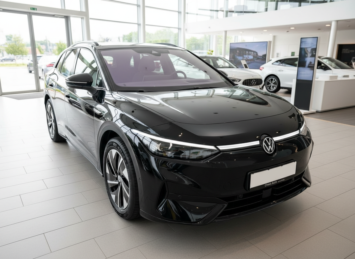 Schwarzer Volkswagen ID.7 Tourer im Autohaus-Showroom, Frontansicht