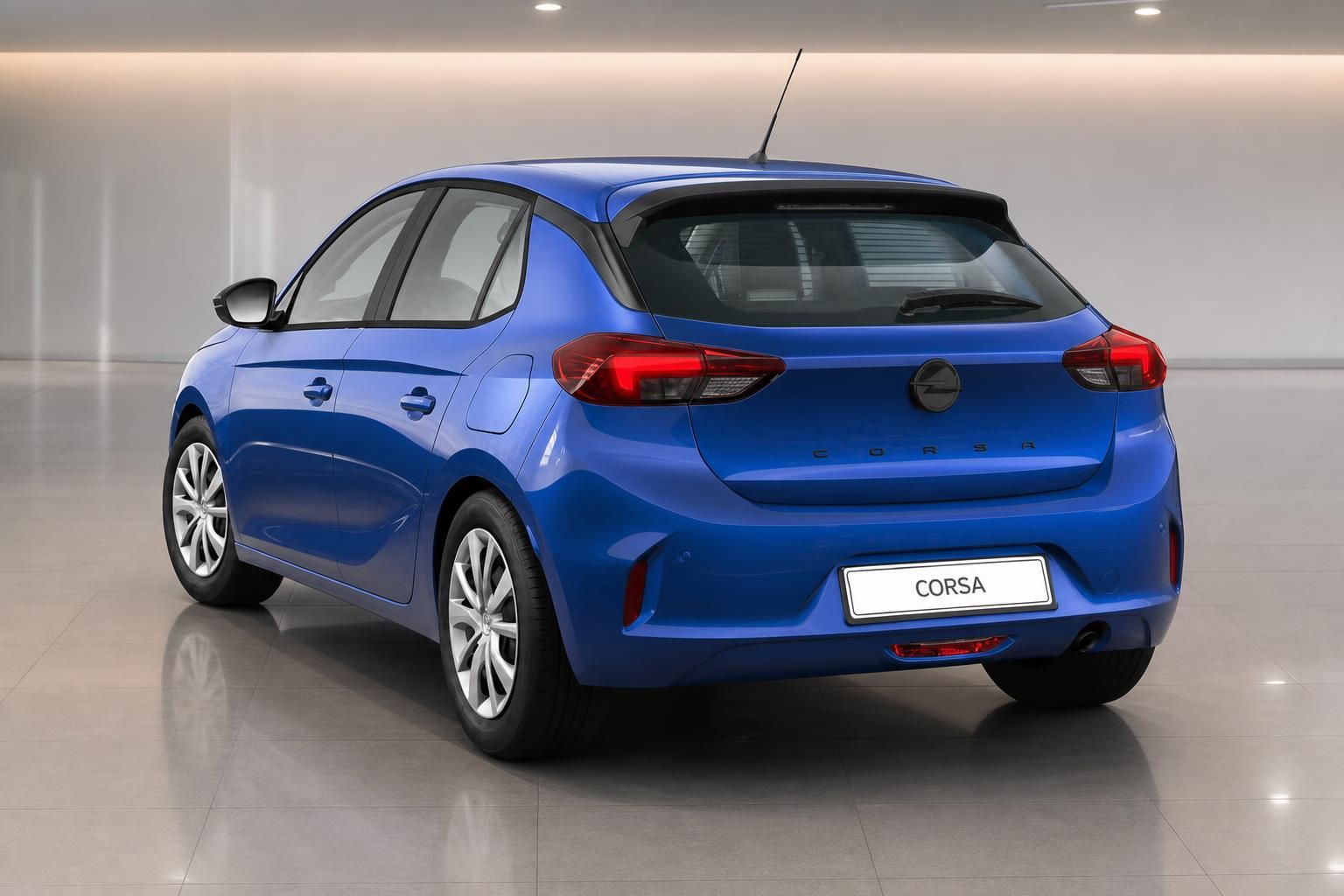 Opel Corsa blau Heckansicht mit Kennzeichen Corsa