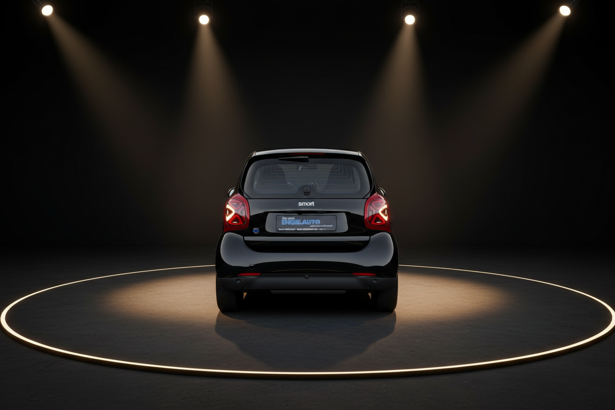 Schwarzer Smart ForTwo Heckansicht im modernen Autohaus Showroom mit großen Glasfenstern und Mercedes-Benz Fahrzeug im Hintergrund