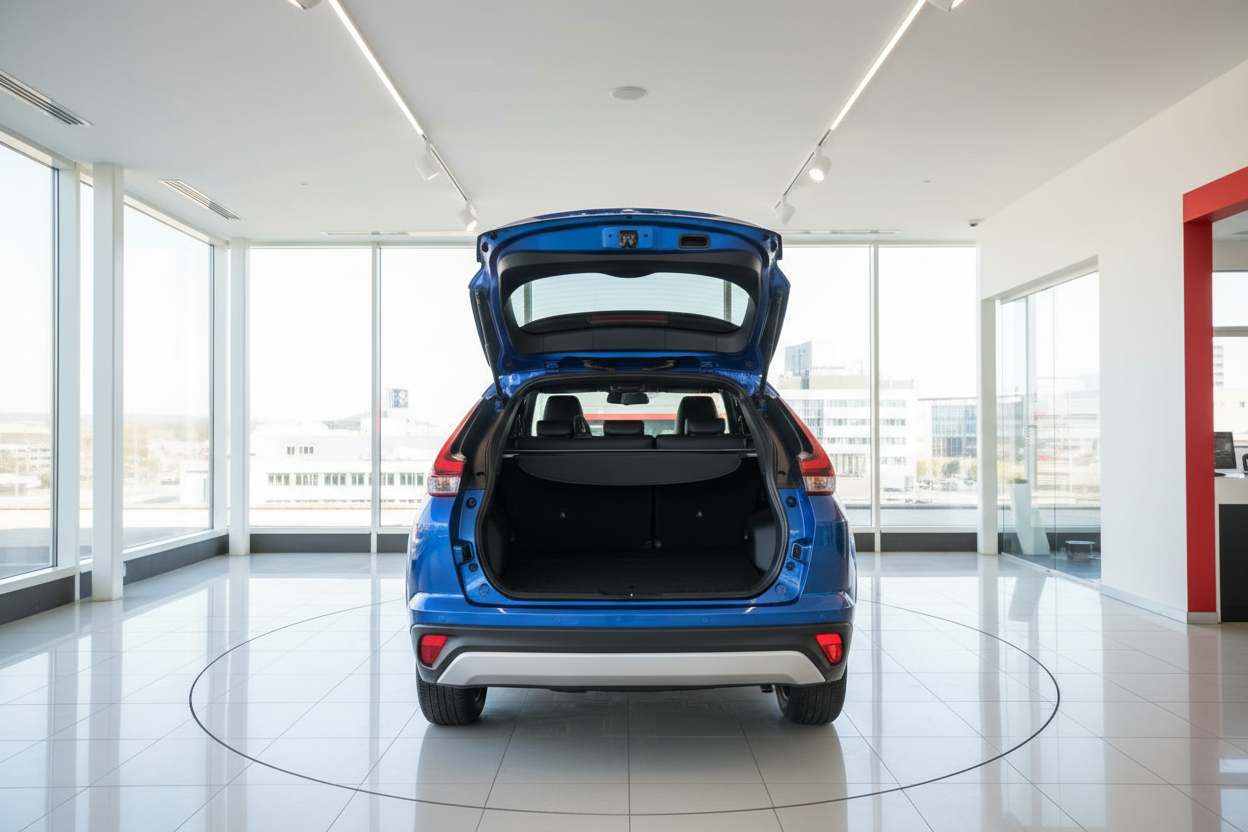 Blauer Honda CR-V SUV mit geöffneter Heckklappe im Autohaus-Showroom