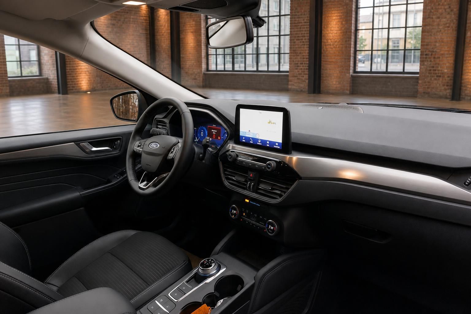 Ford Cockpit mit Touchscreen Navigation und Lenkrad im Fokus