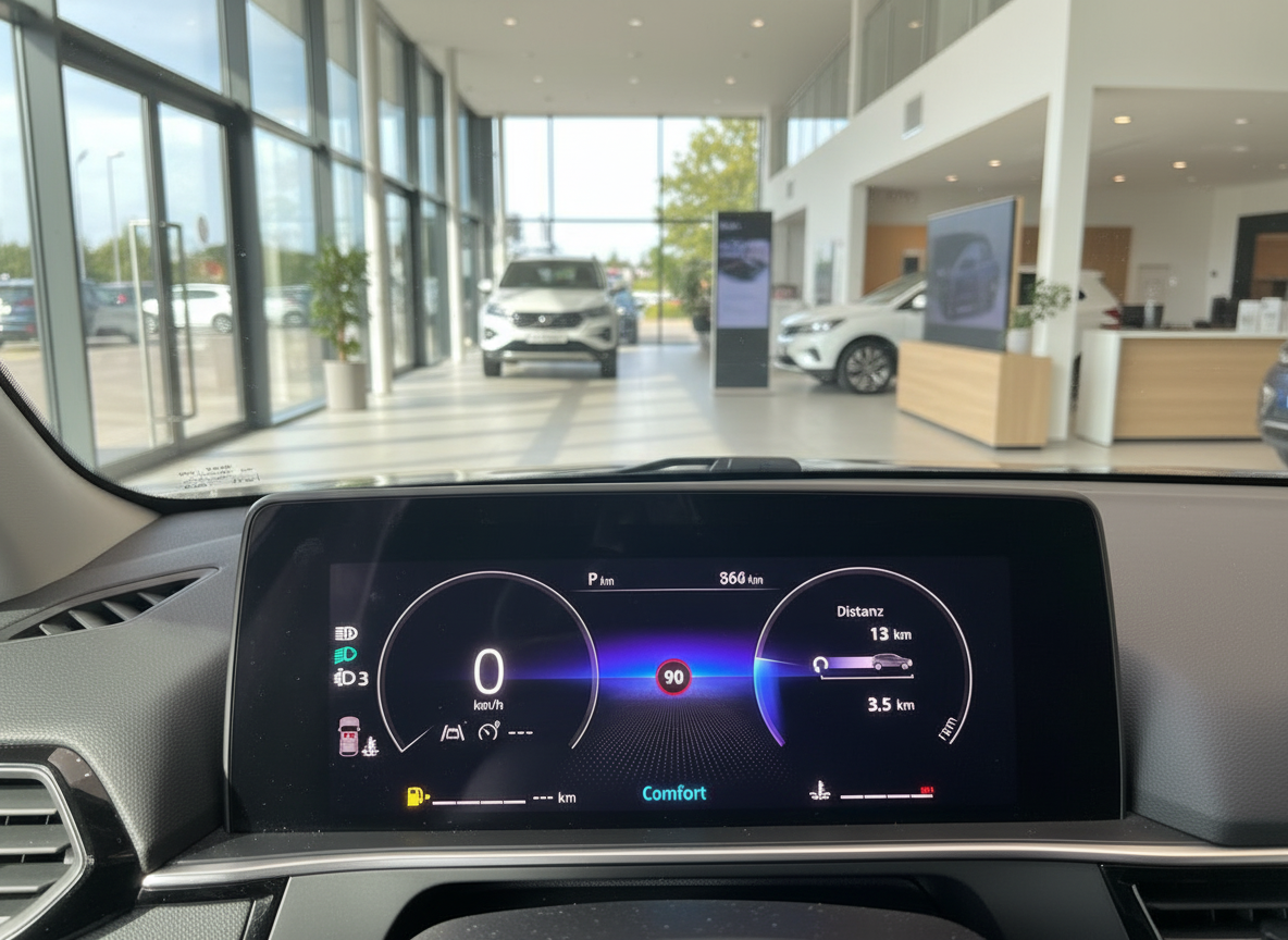 Volkswagen Innenraum mit digitalem Kombiinstrument im Autohaus, Comfort-Modus, 0 km/h