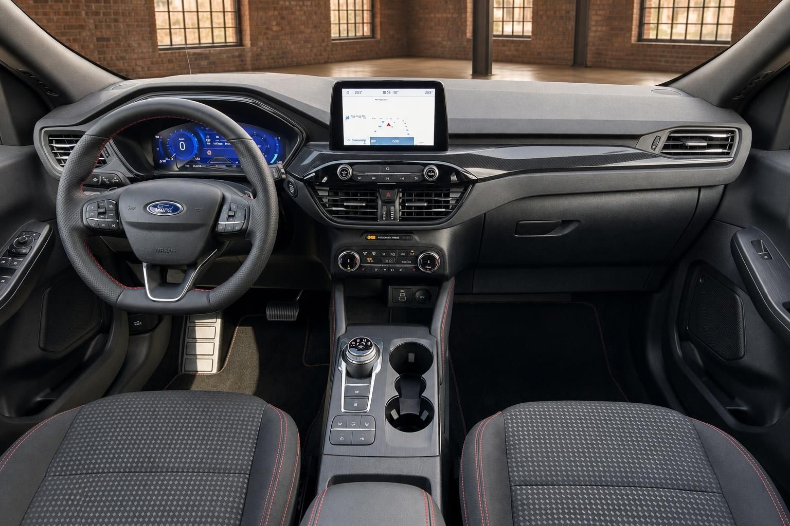 Ford Innenraum Frontansicht mit Lenkrad, Display und Vordersitzen