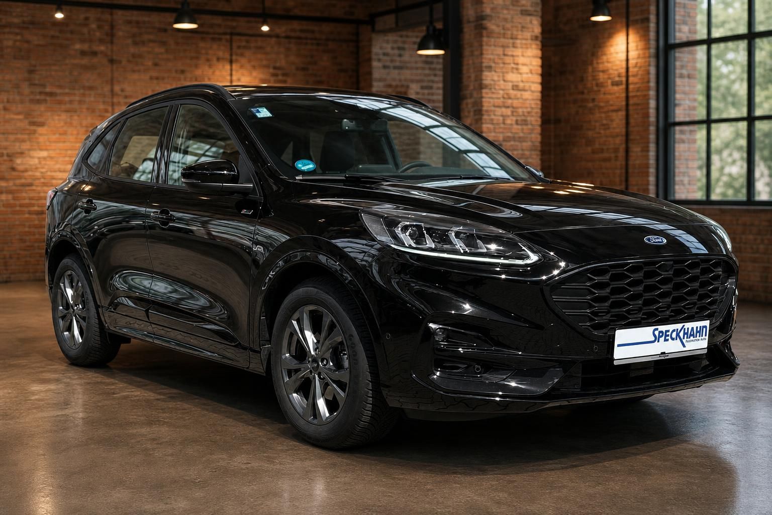 Ford Kuga schwarz Frontansicht Seitenperspektive in Showroom