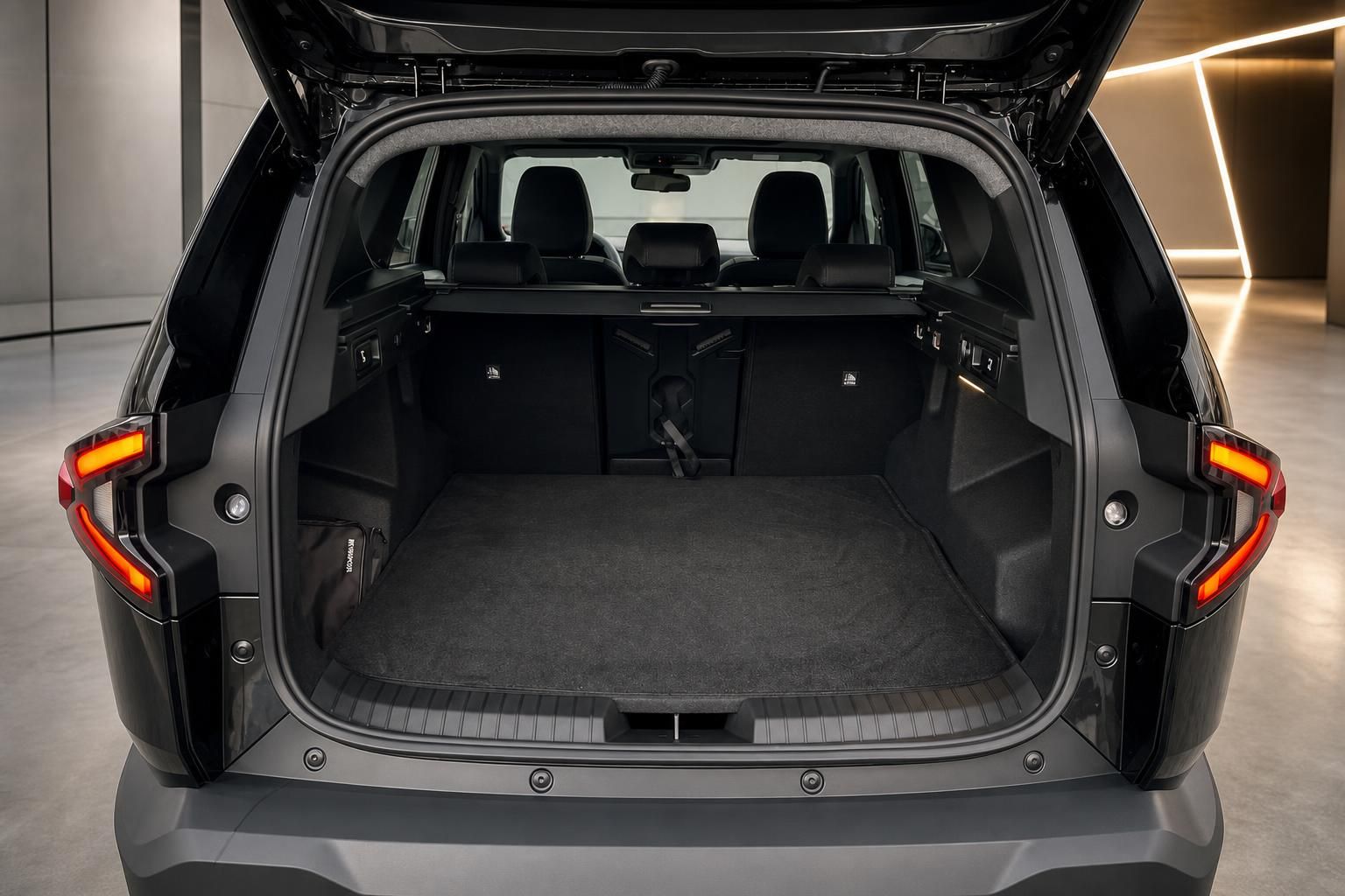 Kofferraum eines SUV mit geöffneter Heckklappe und umgeklappten Rücksitzen für maximalen Laderaum