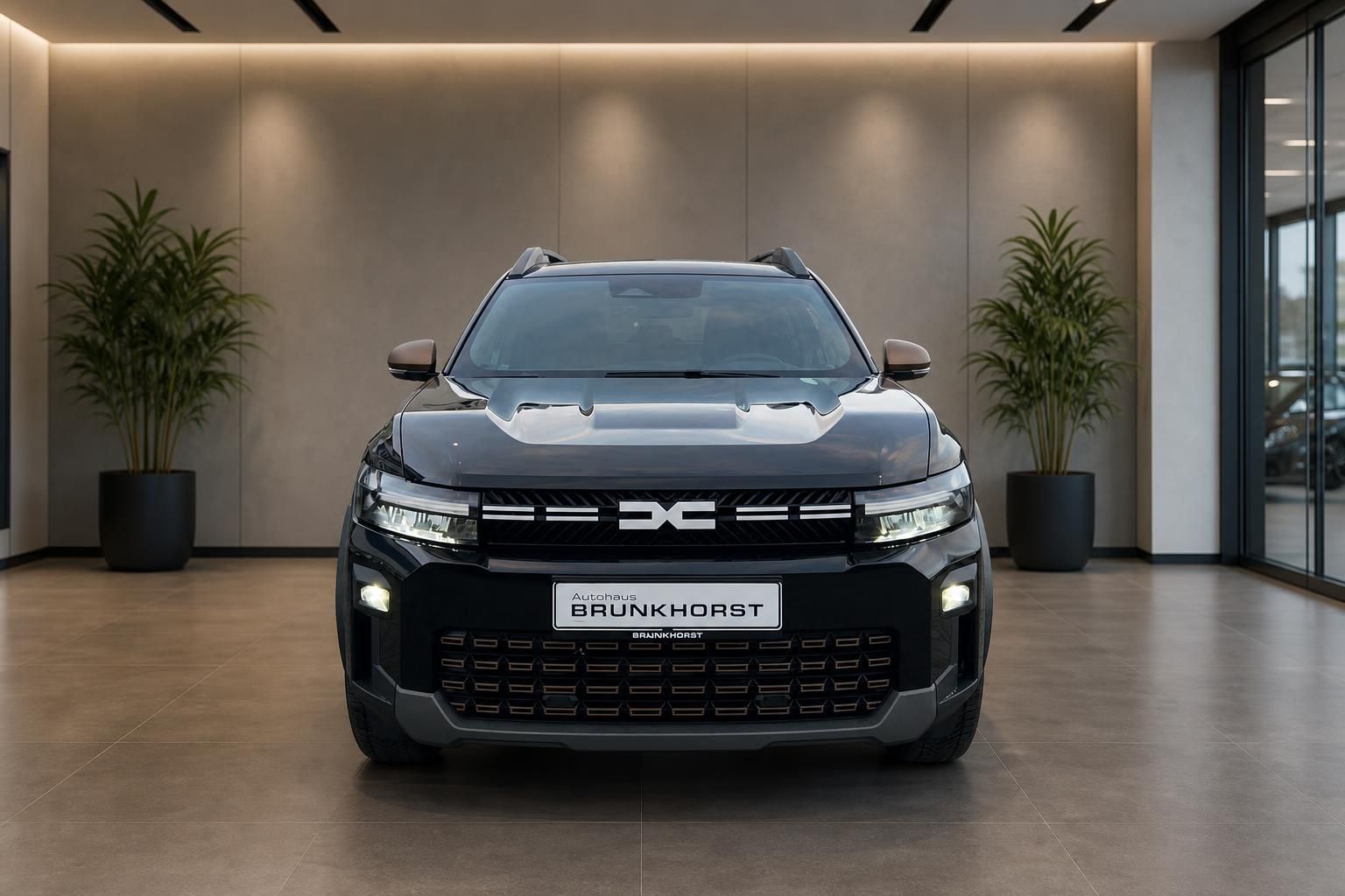 Dacia Bigster Frontansicht in grau-schwarz im Autohaus Showroom mit LED-Scheinwerfern