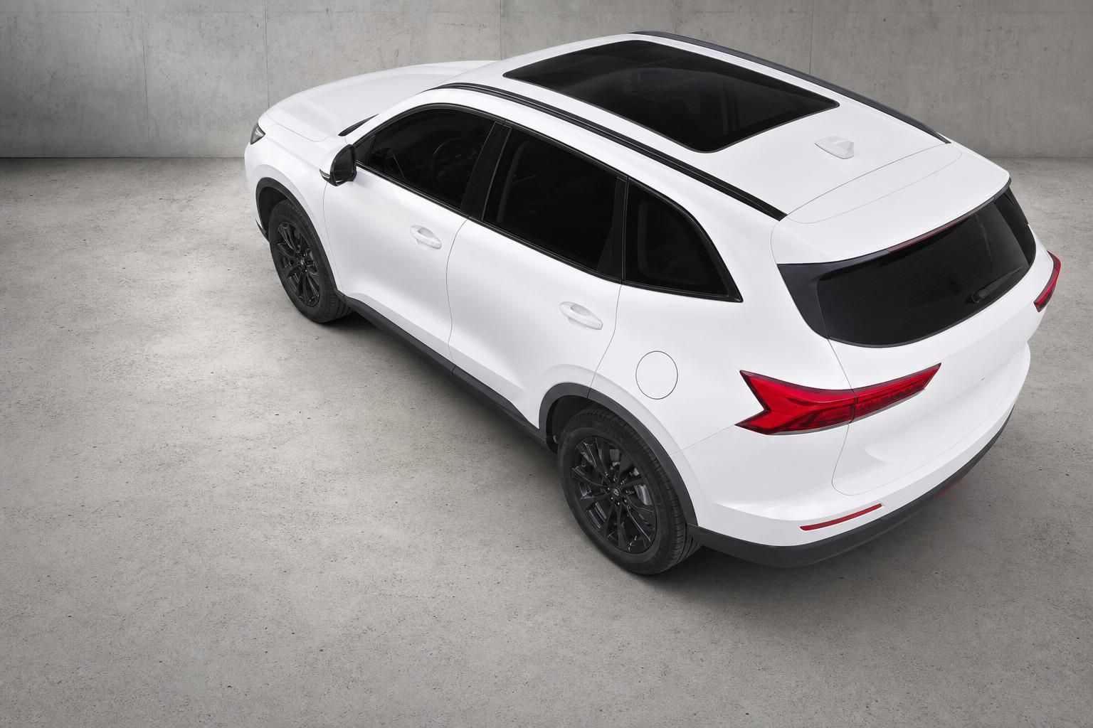 Weißes SUV von schräg hinten oben mit Panorama-Glasdach