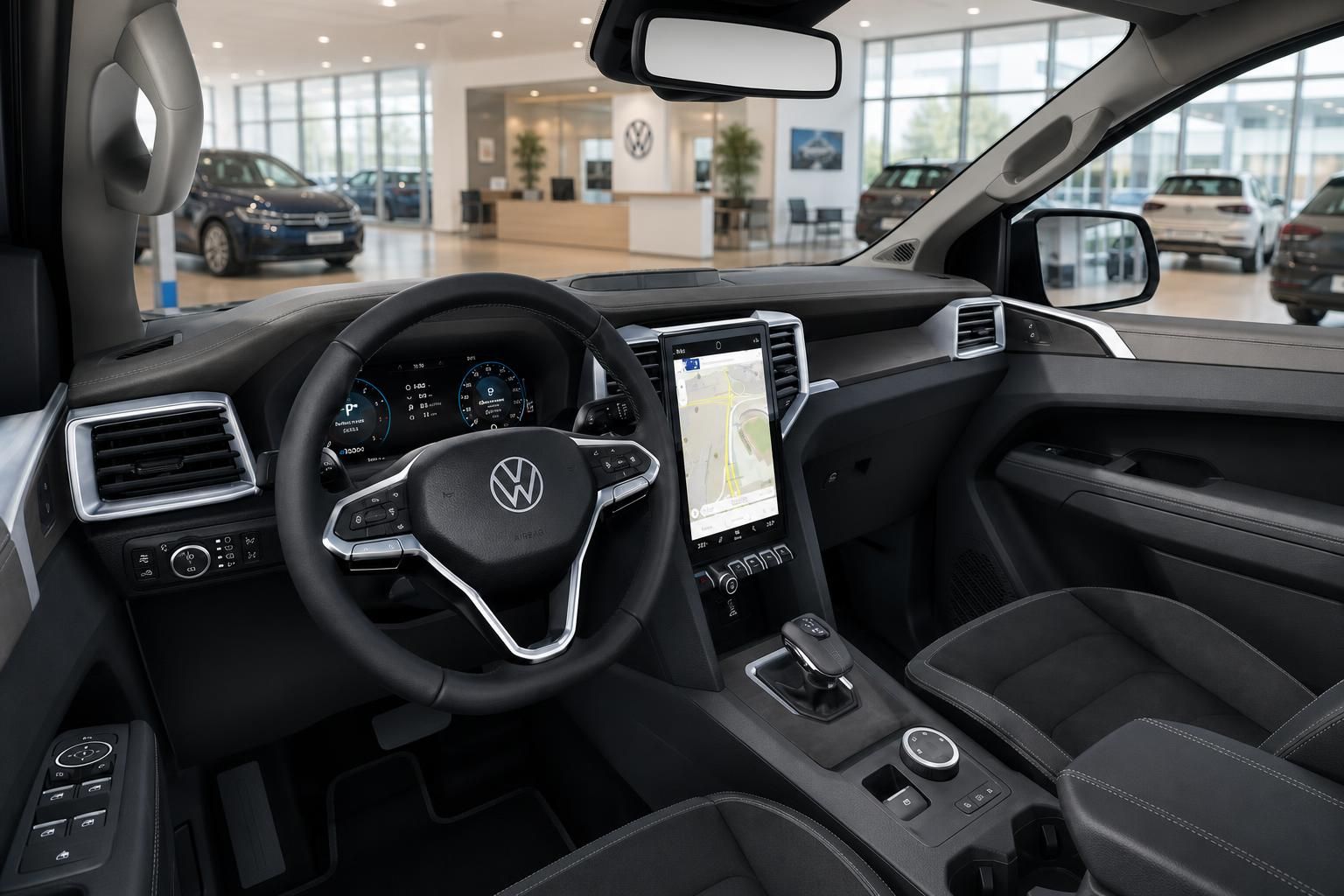 VW Amarok Cockpit mit Lenkrad und Navigationssystem im Innenraum