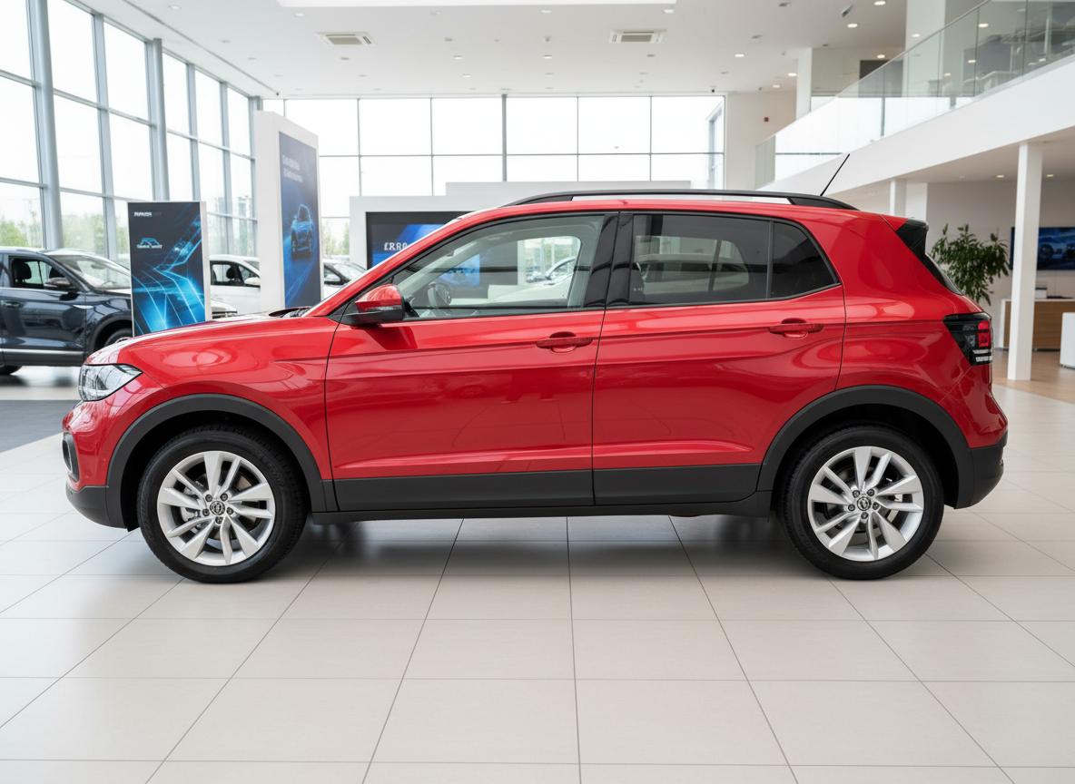 Roter Volkswagen T-Cross SUV Seitenansicht im Autohaus Showroom