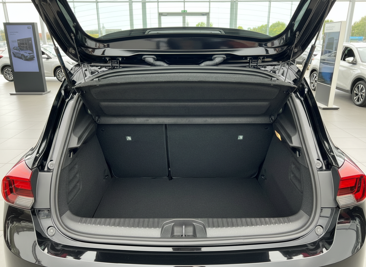 Schwarzer VW Kofferraum geöffnet – geräumiger Laderaum im Autohaus