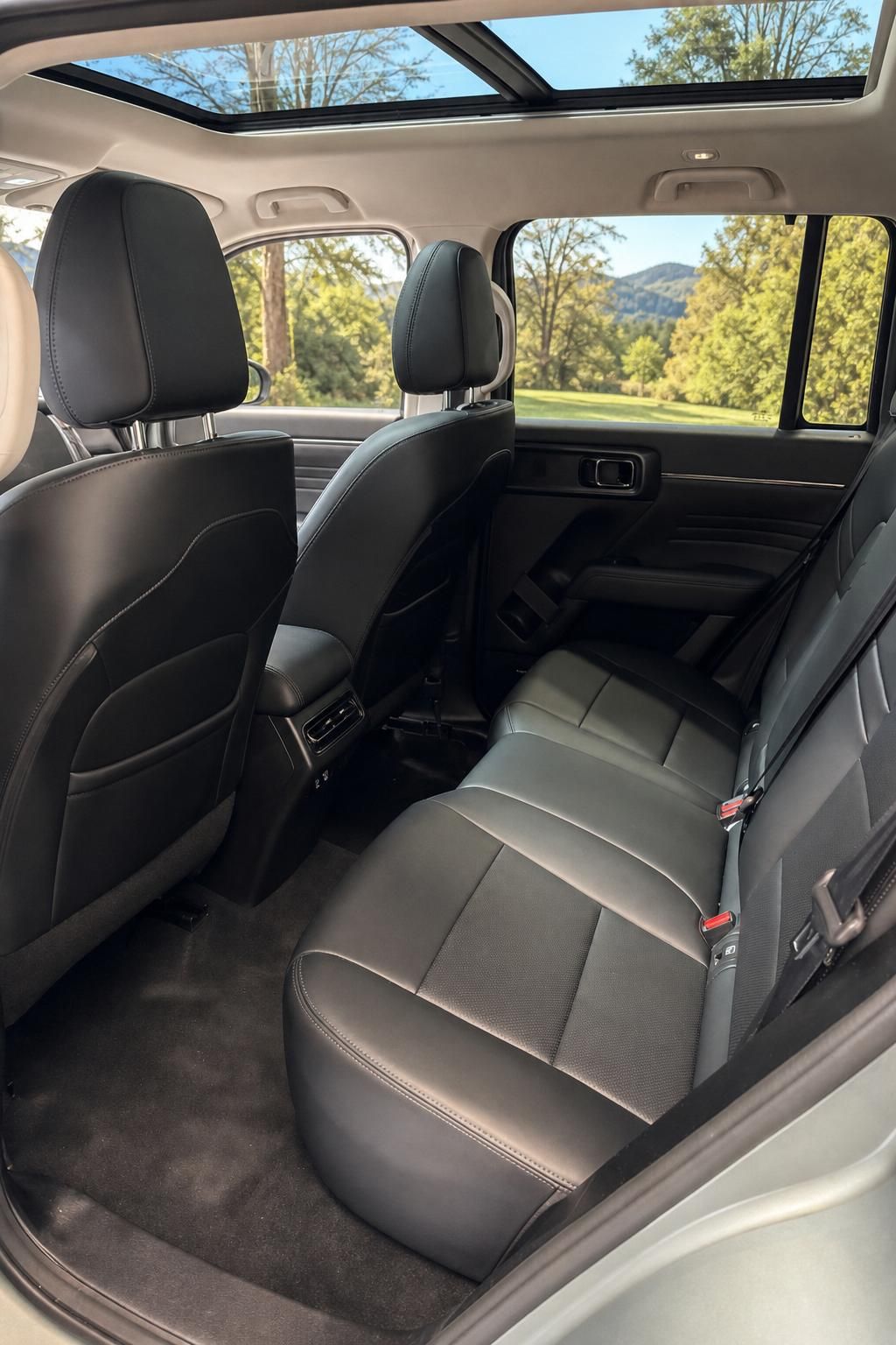 SUV Innenraum Rücksitzbank schwarzes Leder mit Panoramadach und Naturblick