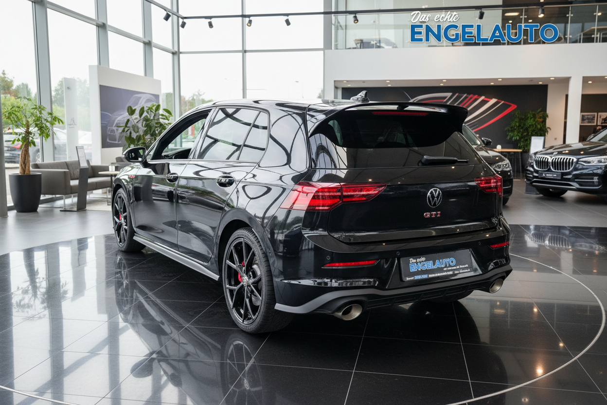 Schwarzer Volkswagen Golf GTI Heckansicht im Autohaus Engelauto Showroom mit sportlichen schwarzen Felgen, rotem Bremssattel und Heckspoiler