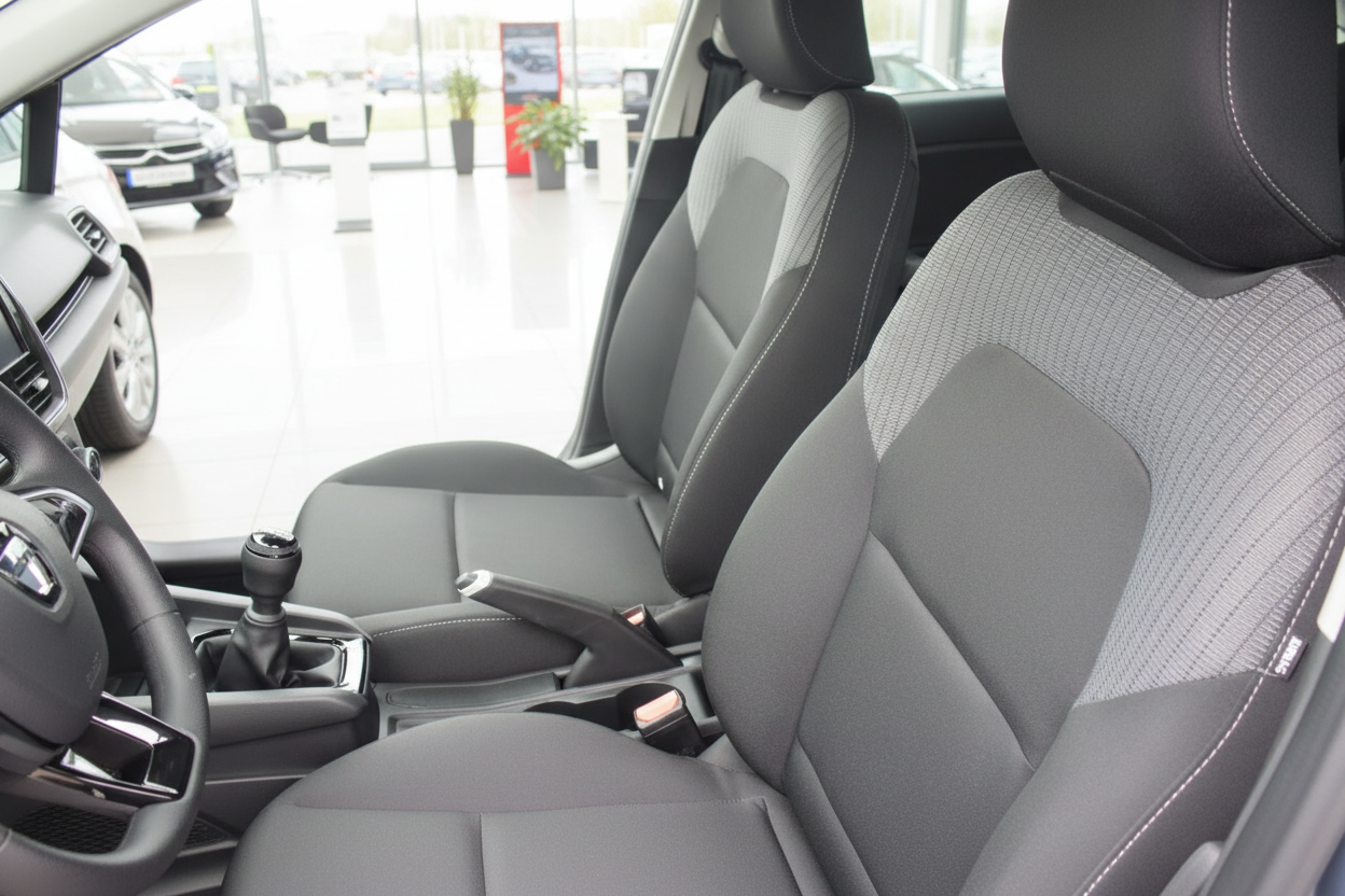 Fahrzeuginnenraum mit grauen Stoffsitzen, Mittelkonsole und Schaltgetriebe im Autohaus