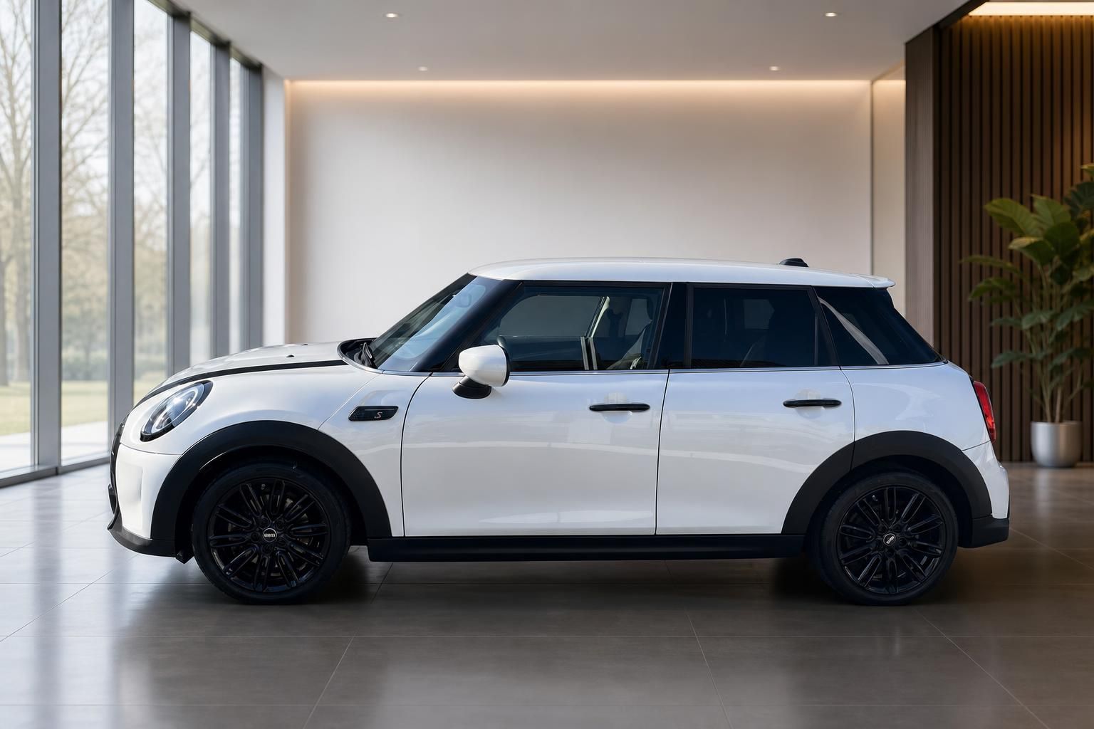 Weißer MINI Cooper S Seitenansicht mit schwarzem Dach im Showroom