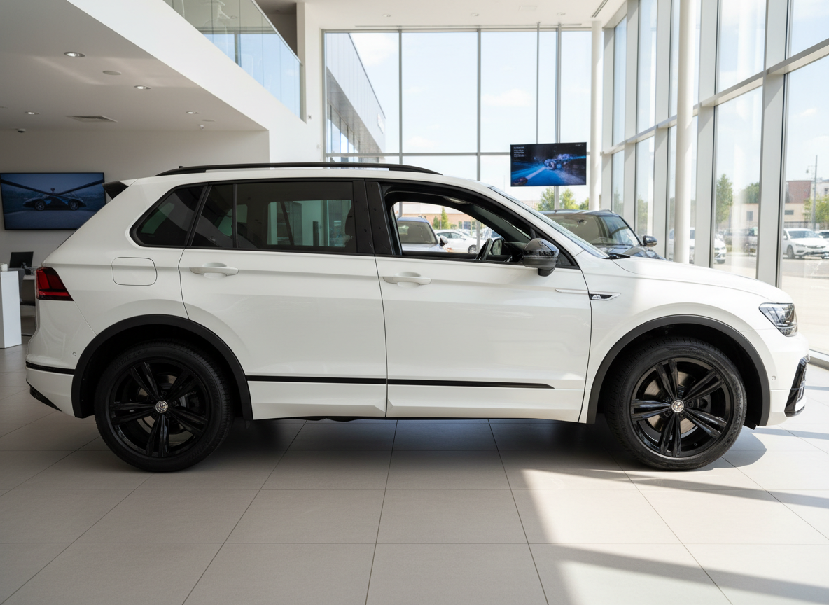 Weißer Volkswagen Tiguan mit schwarzen Felgen im Autohaus Showroom, Seitenansicht