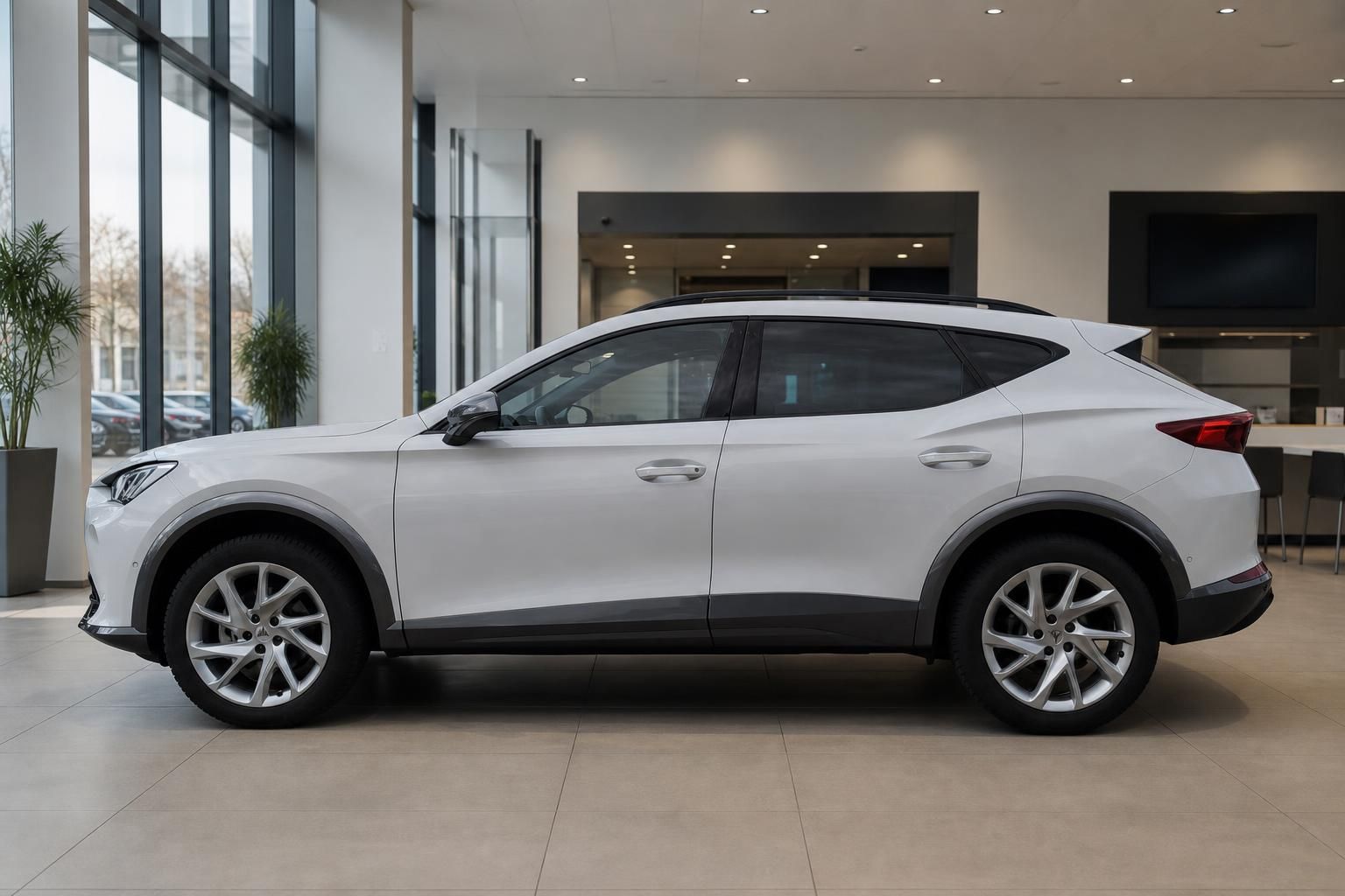 Cupra Formentor weiß Seitenansicht im Autohaus Showroom