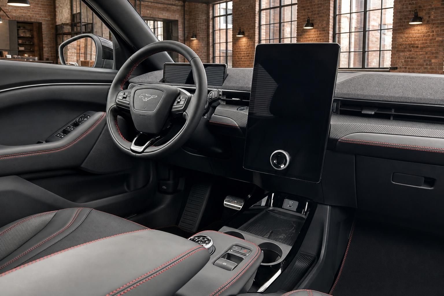 Ford Mustang Mach-E Cockpit mit großem Zentraldisplay, Lenkrad und schwarzen Ledersitzen