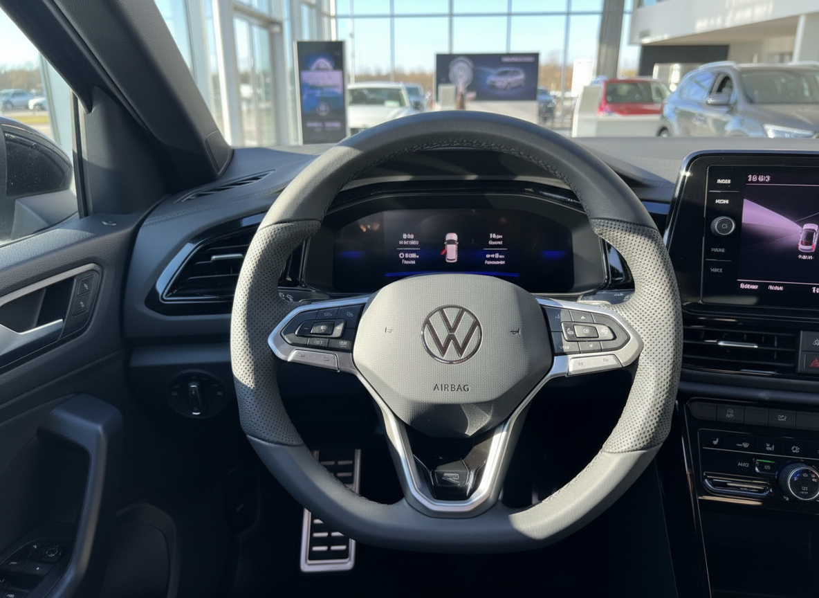 Volkswagen Innenraum mit Lenkrad, digitales Cockpit und Infotainment-Display im VW Showroom