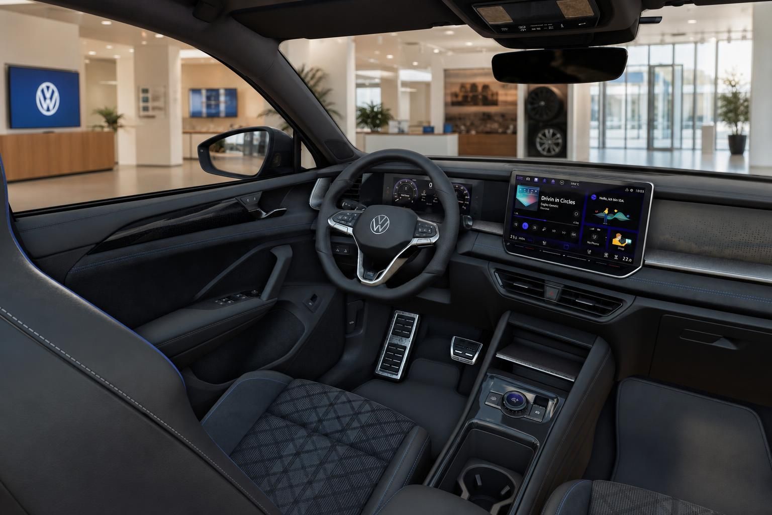 VW Tayron Innenraumansicht mit Lenkrad und Infotainment