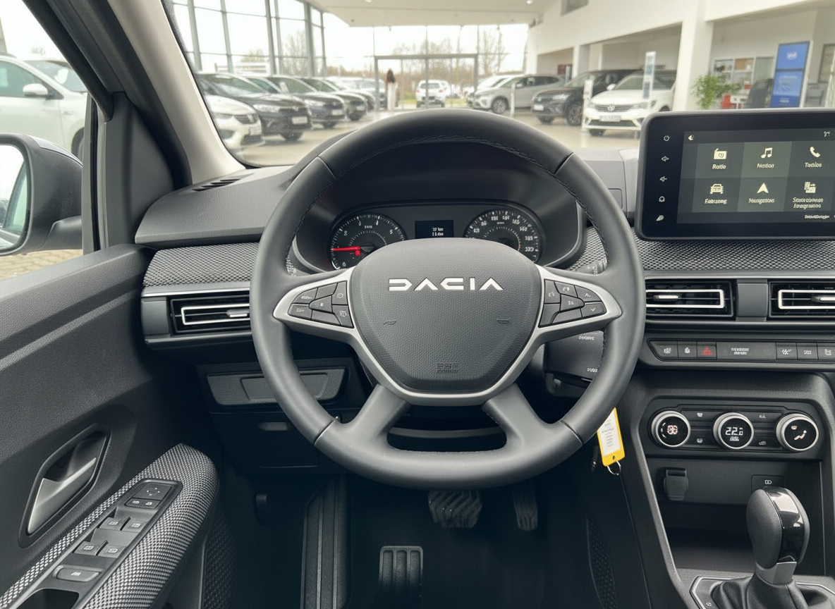 Dacia Innenraum Cockpit mit Lenkrad, Infotainment-Display und Automatikgetriebe im Autohaus