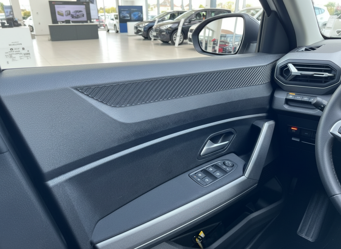 Fahrzeug Innenraum Fahrertür mit Fensterheber-Schaltern und Außenspiegel im Autohaus