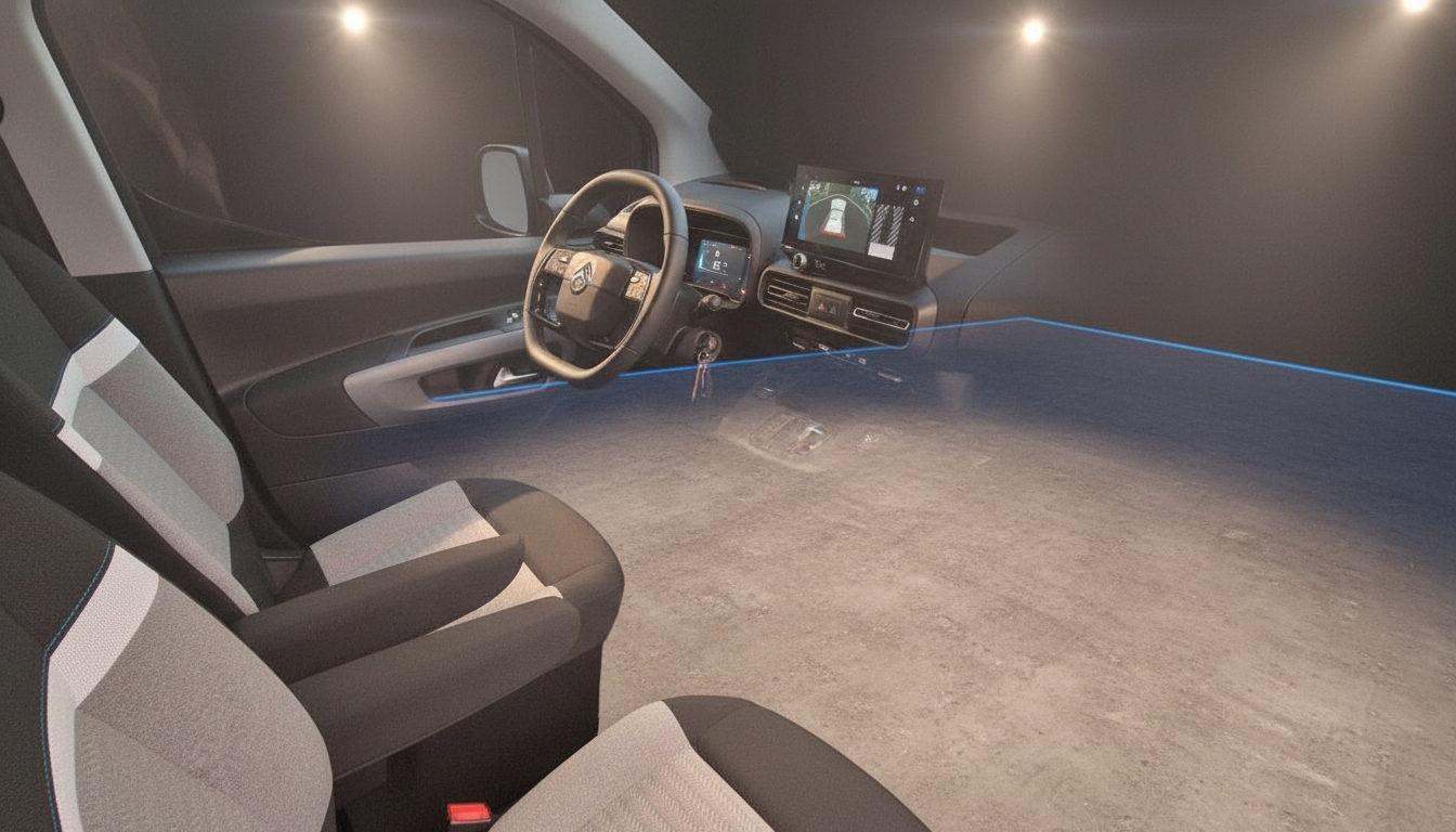 Modernes Fahrzeug-Cockpit mit Lenkrad, digitalem Display und blauer Ambientebeleuchtung