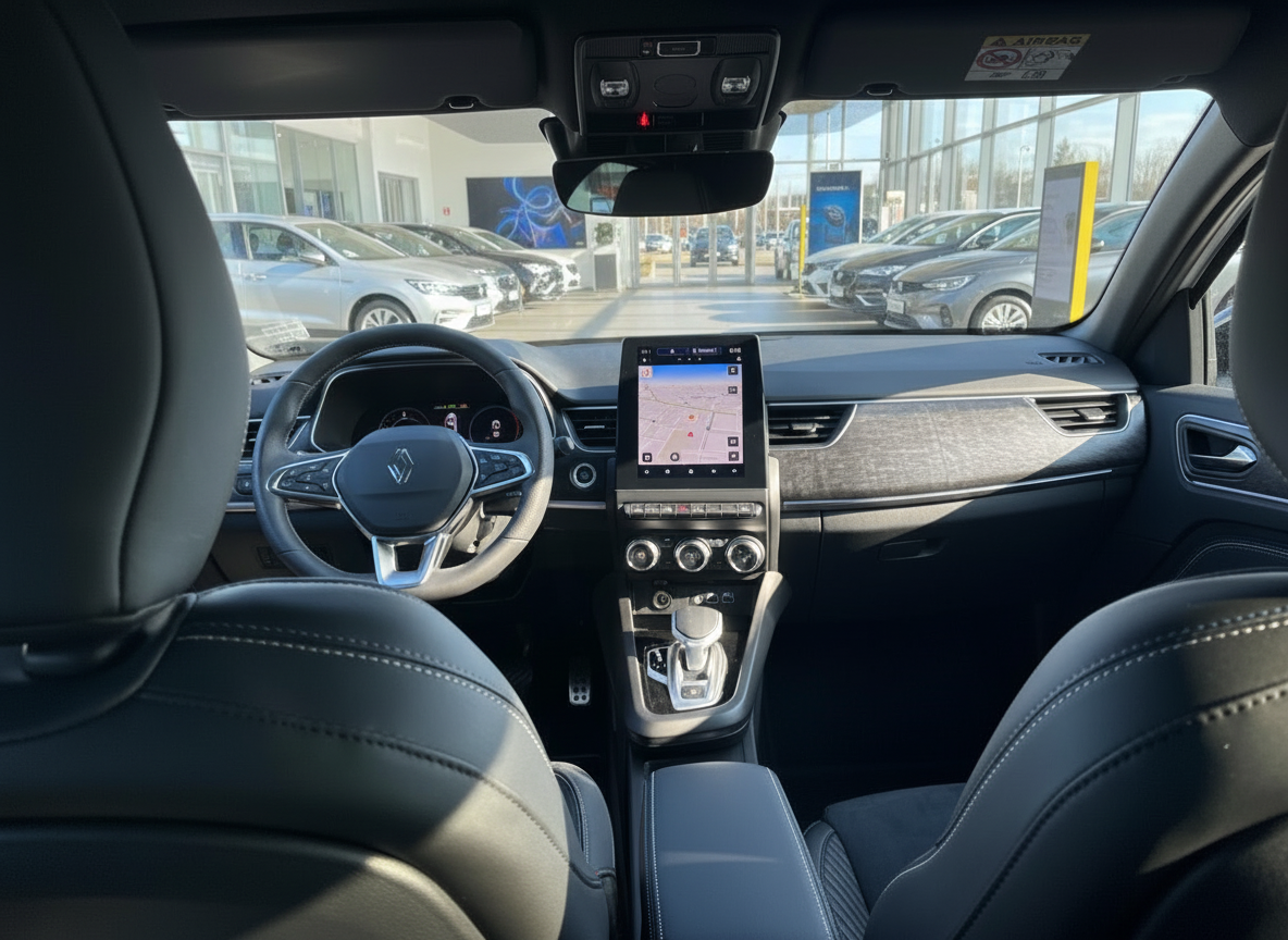 Renault Innenraum mit Leder-Sitzen, digitalem Cockpit und Navigationssystem im Autohaus