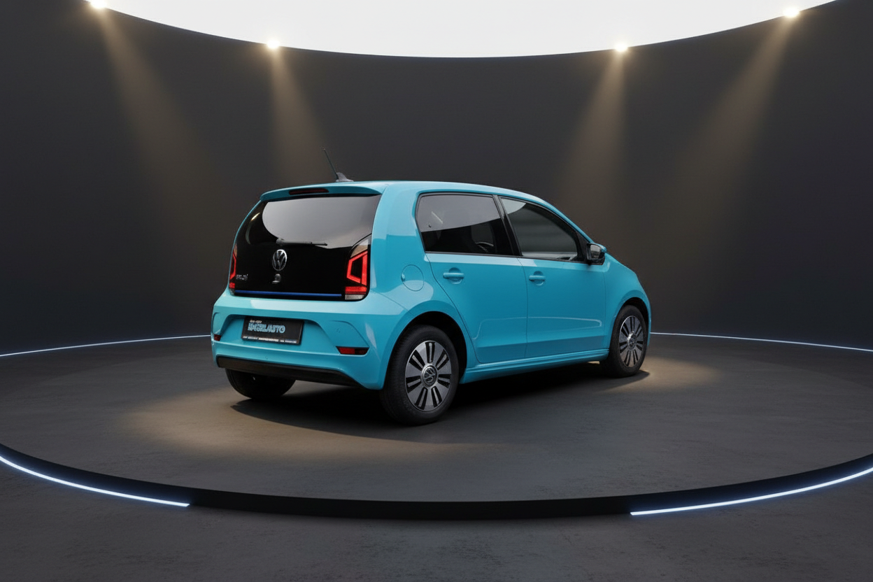 Volkswagen e-up! in Hellblau, Heckansicht schräg links, Studioaufnahme