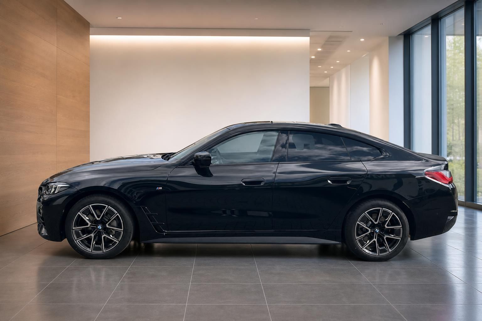 BMW 4er Gran Coupé schwarz, Seitenansicht im Showroom