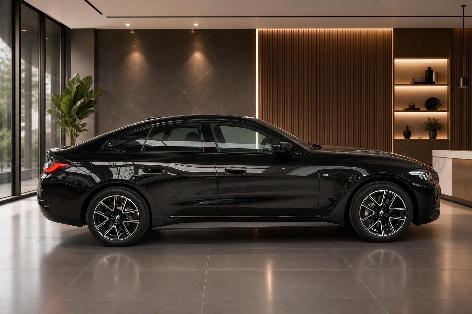 BMW 4er Gran Coupe schwarz Seitenansicht im modernen Autohaus