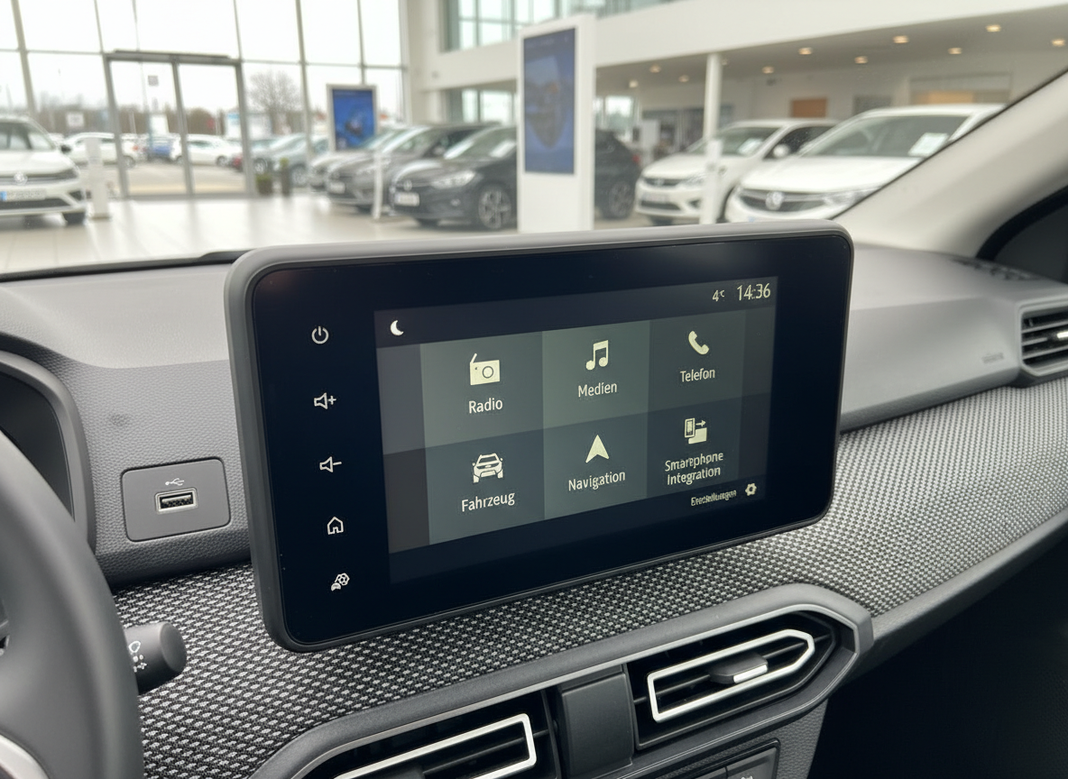 Infotainment-Touchscreen im Fahrzeug-Innenraum mit Navigation, Radio und Smartphone Integration