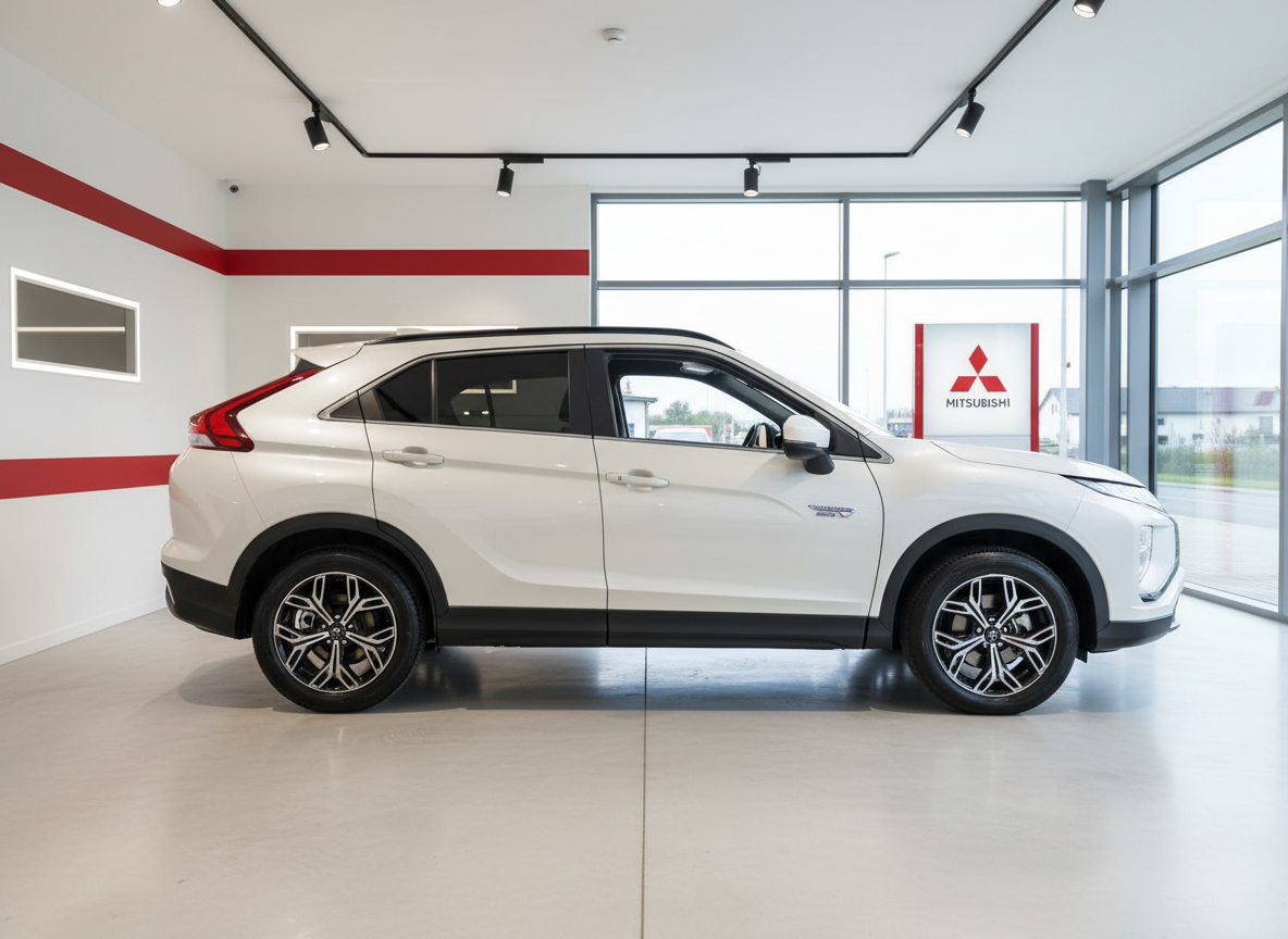 Mitsubishi Eclipse Cross Plug-in Hybrid in Weiß, Seitenansicht im Autohaus-Showroom
