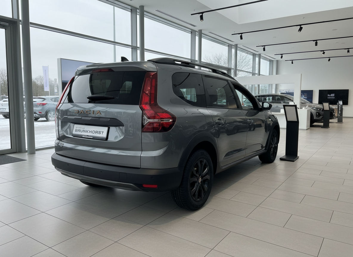 Grauer Dacia Jogger Heckansicht im Autohaus Brunkhorst mit schwarzen Felgen und Dachreling
