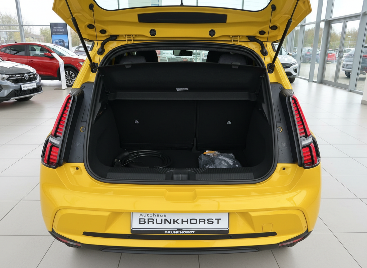 Gelber Renault 5 Electric Kofferraum geöffnet im Autohaus Brunkhorst