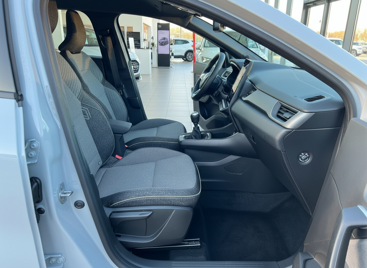 Fahrzeuginnenraum mit schwarzen Stoffsitzen, Mittelkonsole und Touchscreen-Infotainment im Autohaus